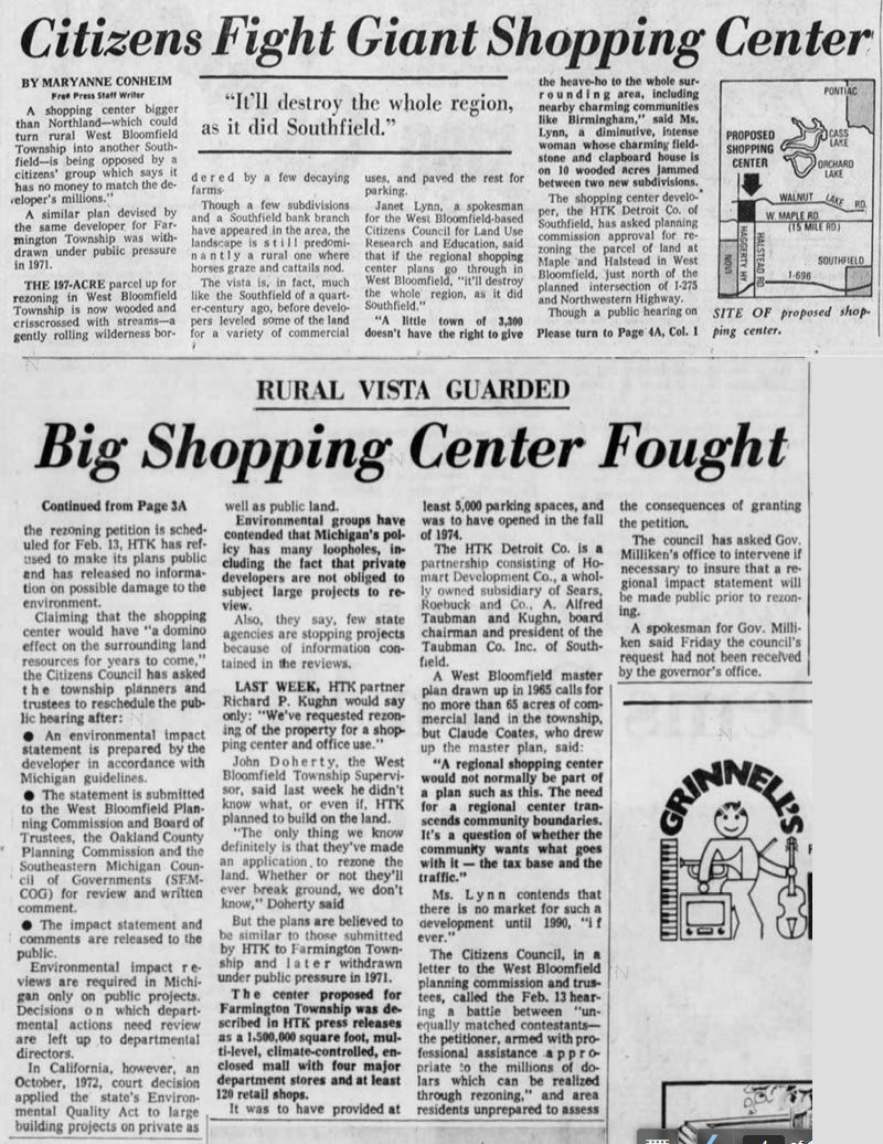 Twelve Oaks Mall - Feb 4 1973 Article On West Bloomfield Twp Opposing Mall